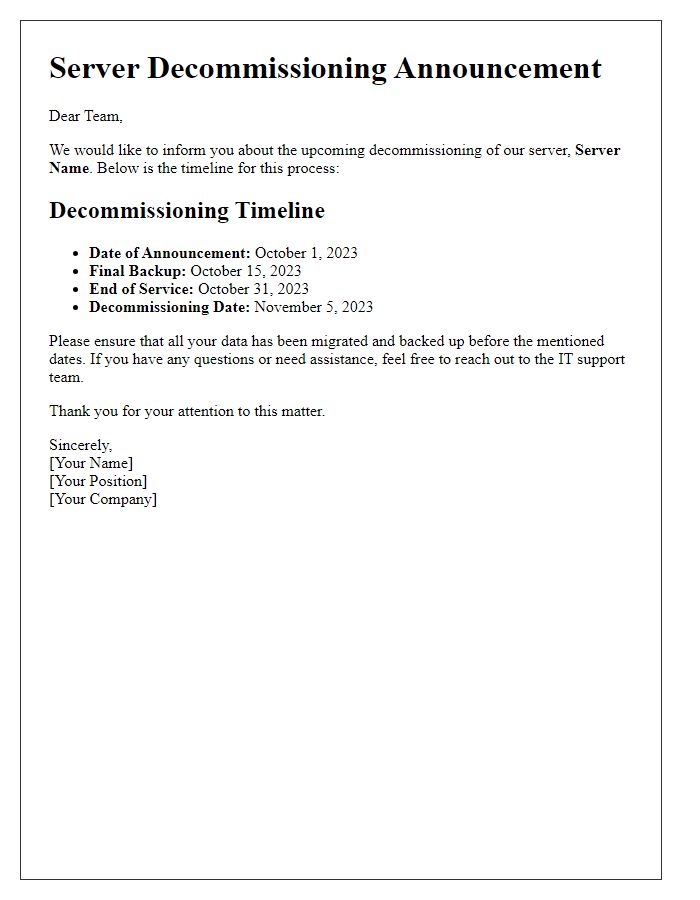 Letter template of server decommissioning timeline announcement