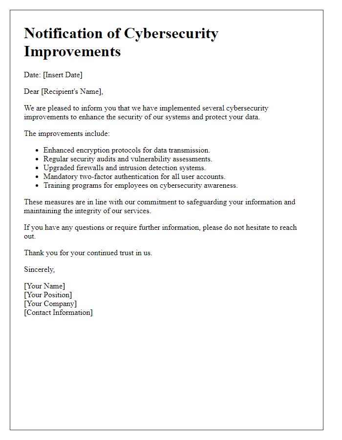 Letter template of cybersecurity improvements notification