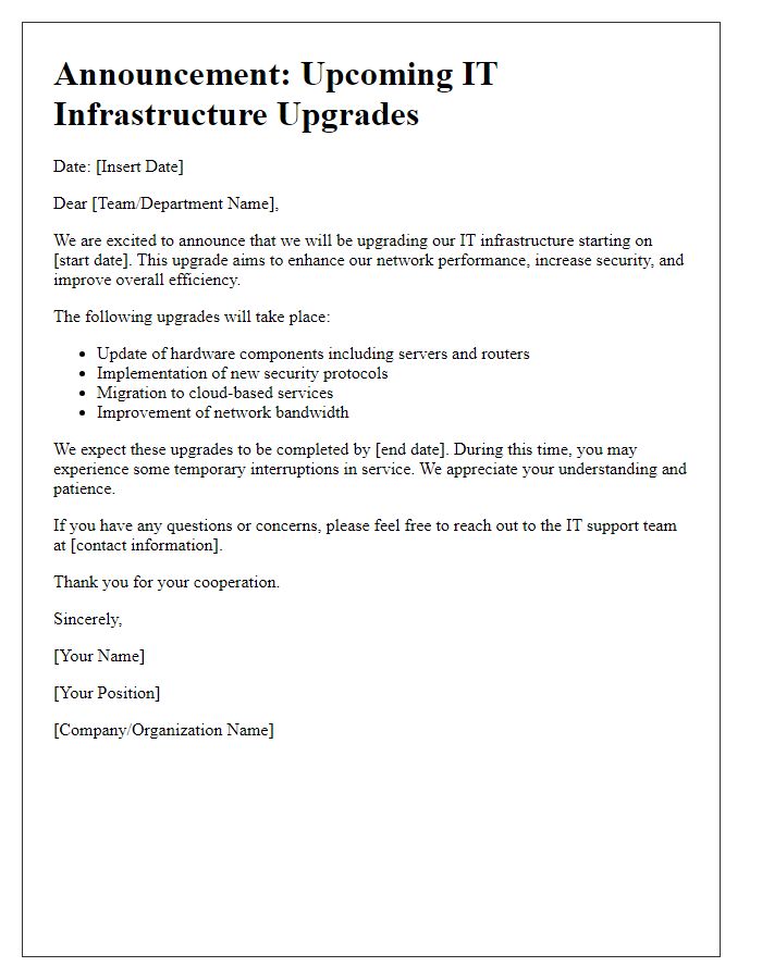 Letter template of IT infrastructure upgrades announcement