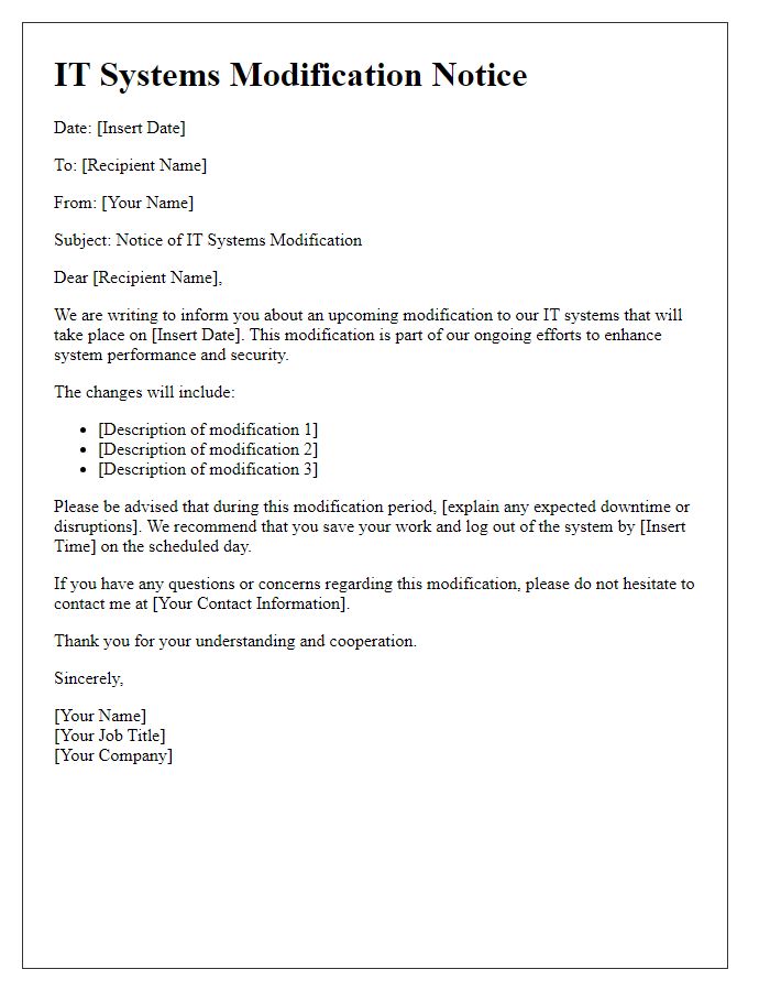 Letter template of IT systems modification notice