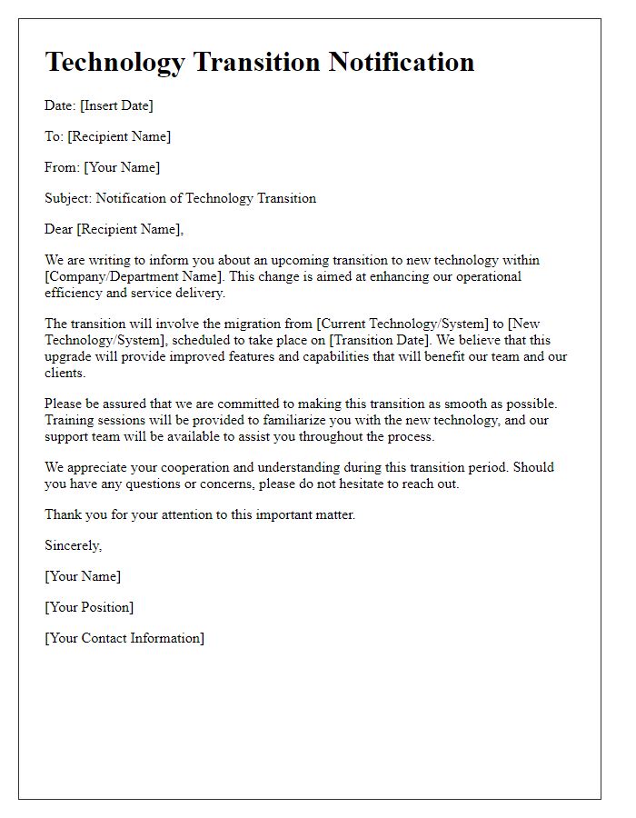 Letter template of technology transition notification