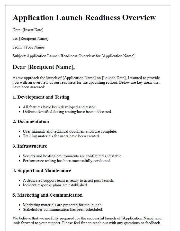 Letter template of application launch readiness overview