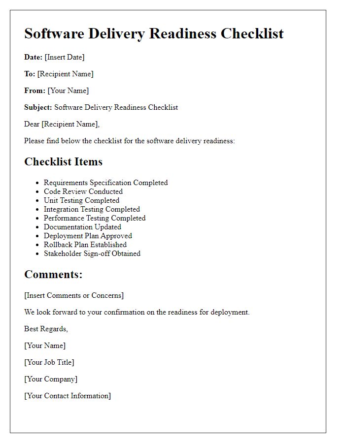 Letter template of software delivery readiness checklist