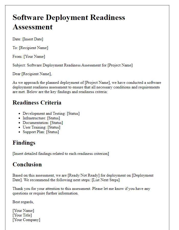 Letter template of software deployment readiness assessment