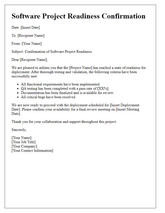 Letter template of software project readiness confirmation