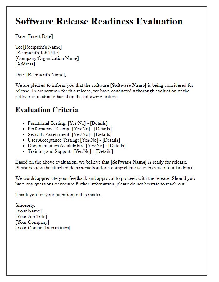 Letter template of software release readiness evaluation