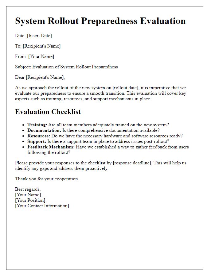 Letter template of system rollout preparedness evaluation