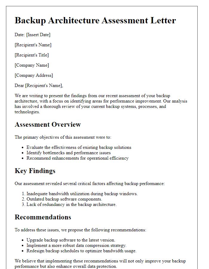 Letter template of backup architecture assessment for performance improvement