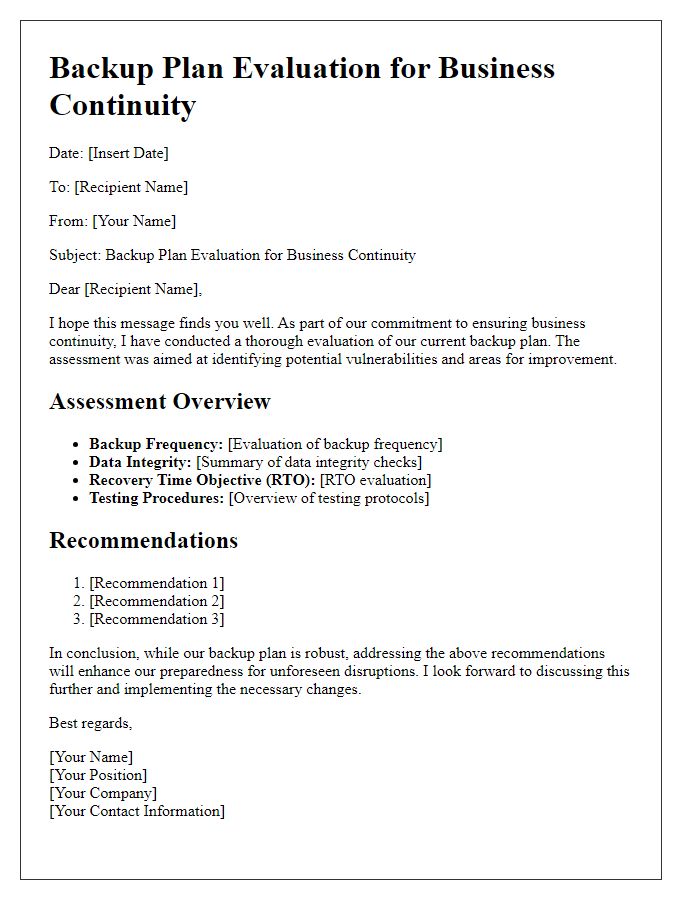 Letter template of backup plan evaluation for business continuity