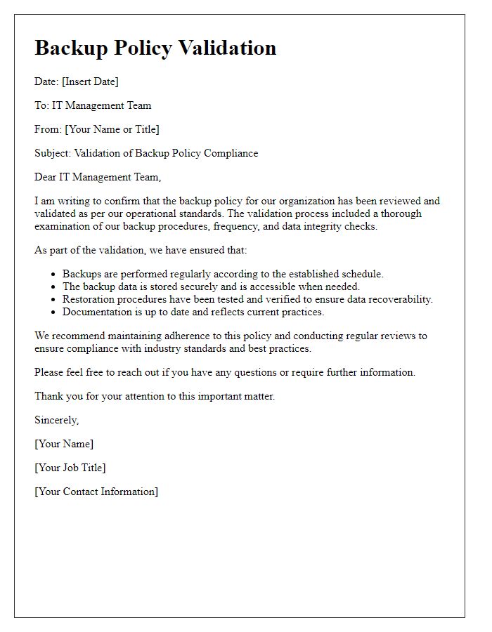 Letter template of backup policy validation for IT management