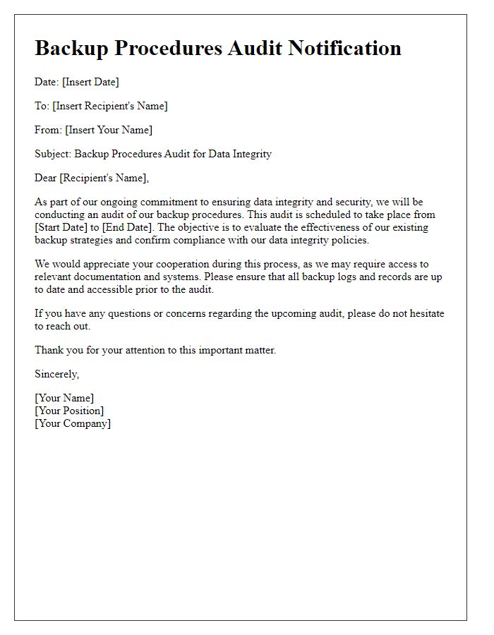 Letter template of backup procedures audit for data integrity