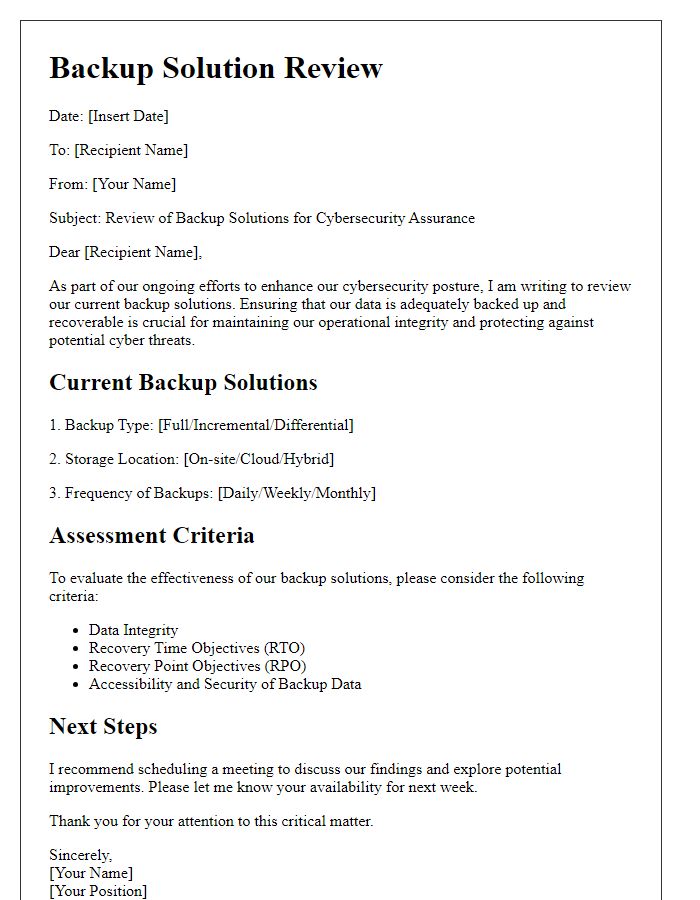 Letter template of backup solution review for cybersecurity assurance