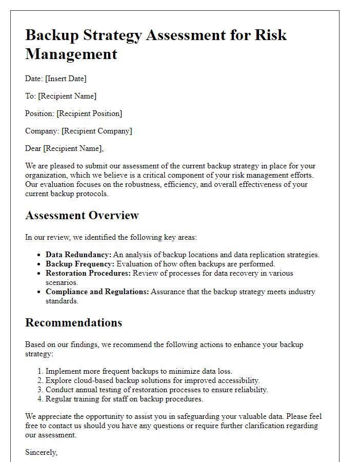 Letter template of backup strategy assessment for risk management