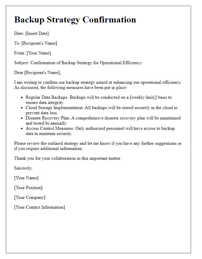 Letter template of backup strategy confirmation for operational efficiency