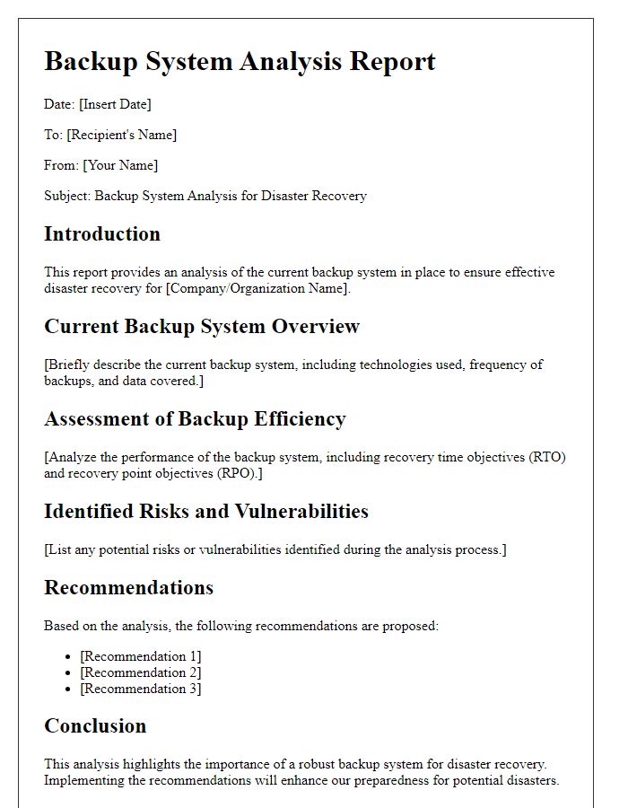 Letter template of backup system analysis for disaster recovery