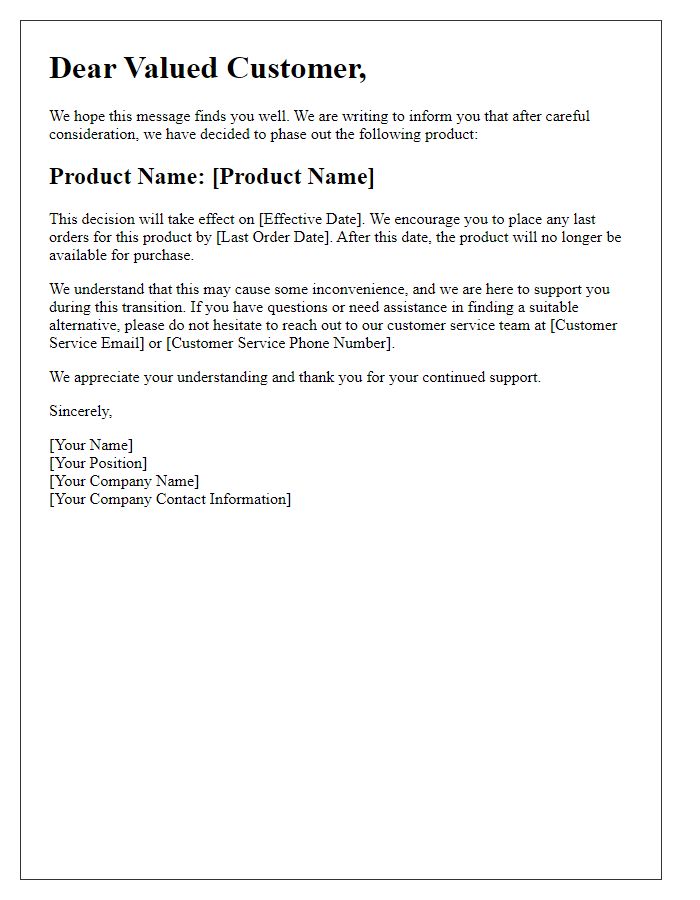 Letter template of phase-out product notification to customers