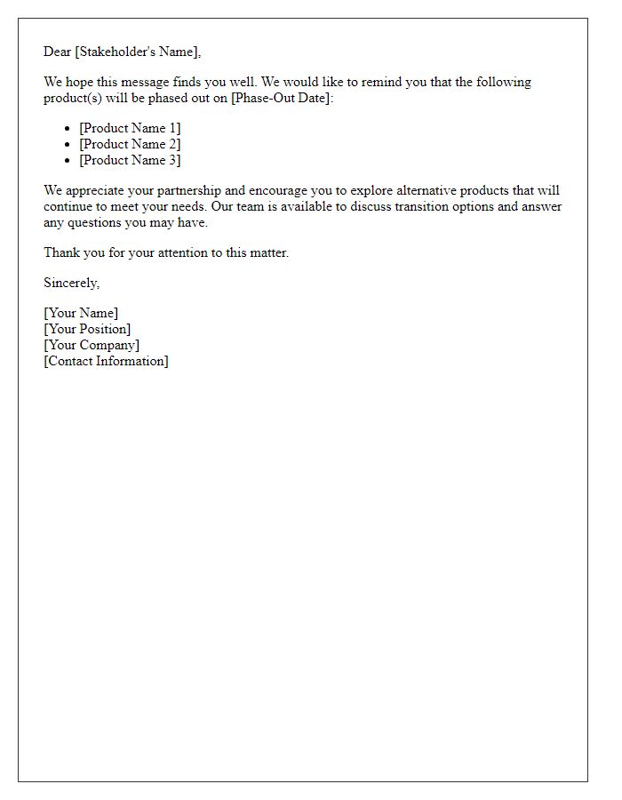 Letter template of phase-out product reminder for stakeholders