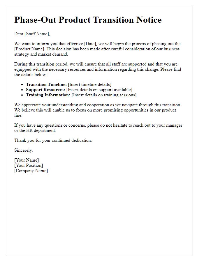 Letter template of phase-out product transition for staff