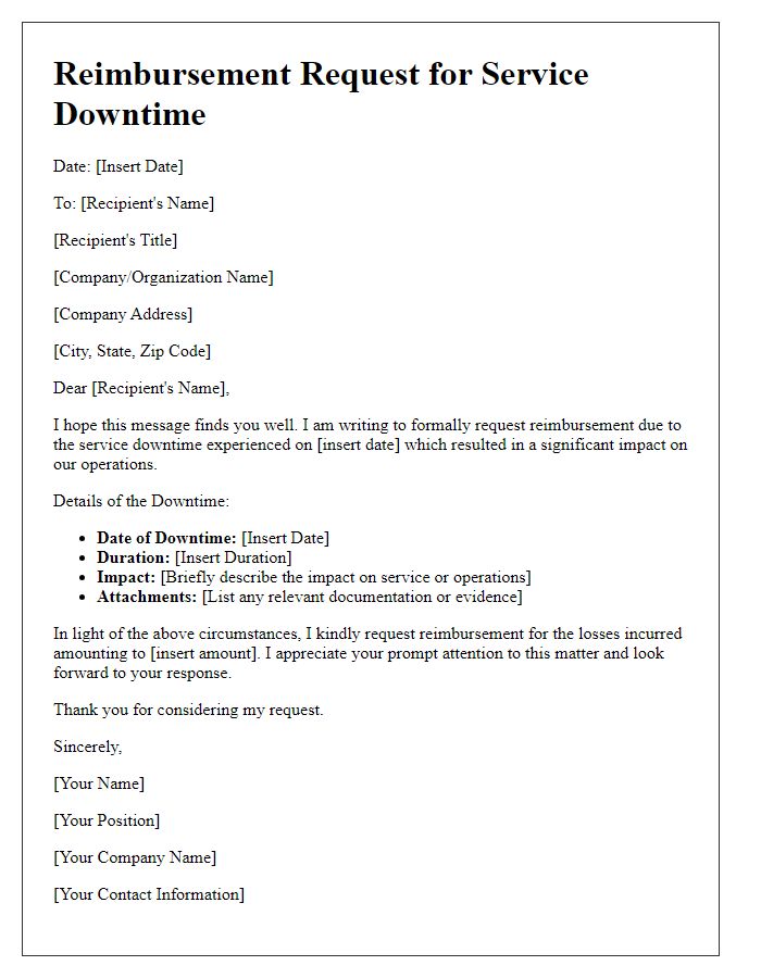 Letter template of reimbursement for service downtime