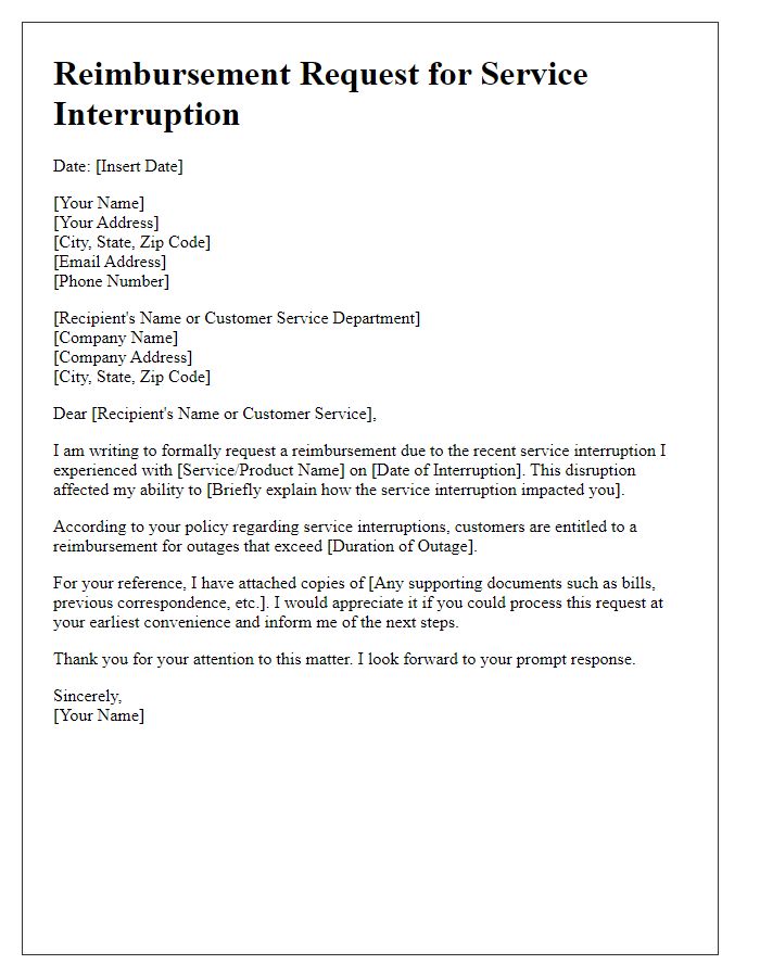 Letter template of service interruption reimbursement