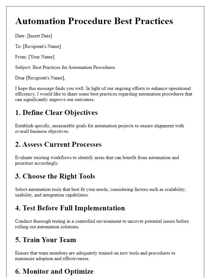 Letter template of automation procedure best practices