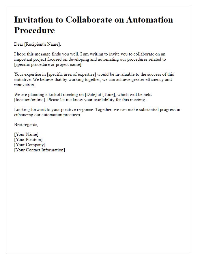 Letter template of automation procedure collaboration invitation