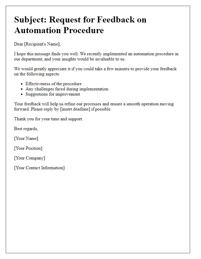 Letter template of automation procedure feedback request