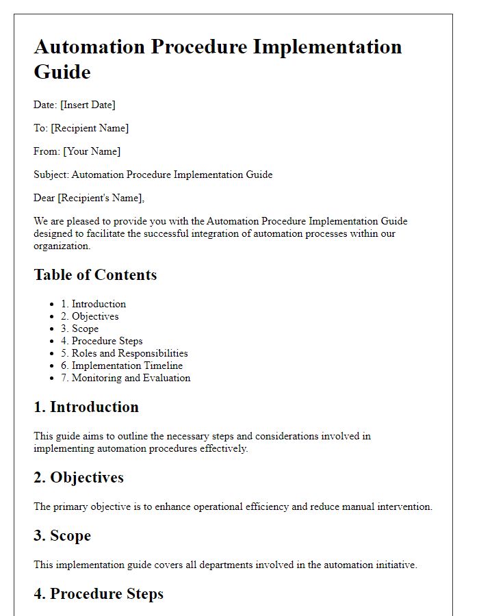 Letter template of automation procedure implementation guide