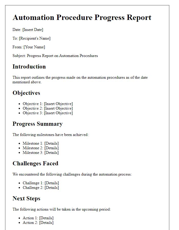 Letter template of automation procedure progress report