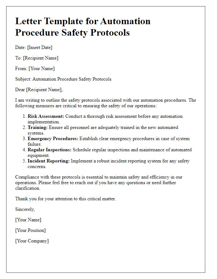 Letter template of automation procedure safety protocols