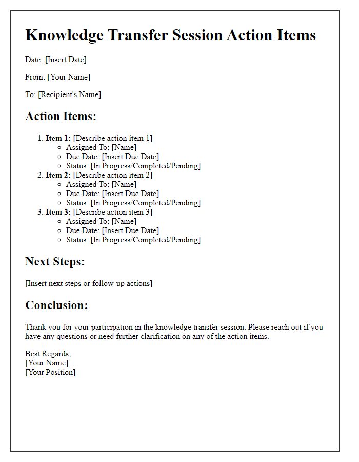 Letter template of knowledge transfer session action items
