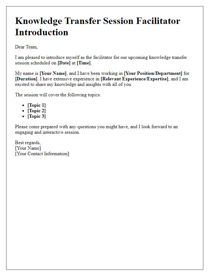 Letter template of knowledge transfer session facilitator introduction