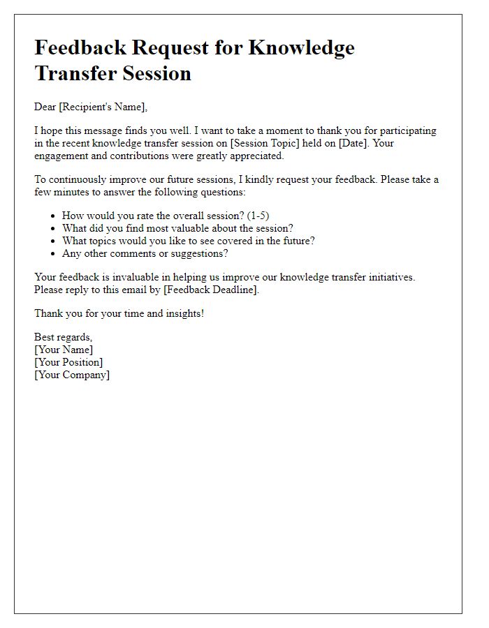 Letter template of knowledge transfer session feedback request