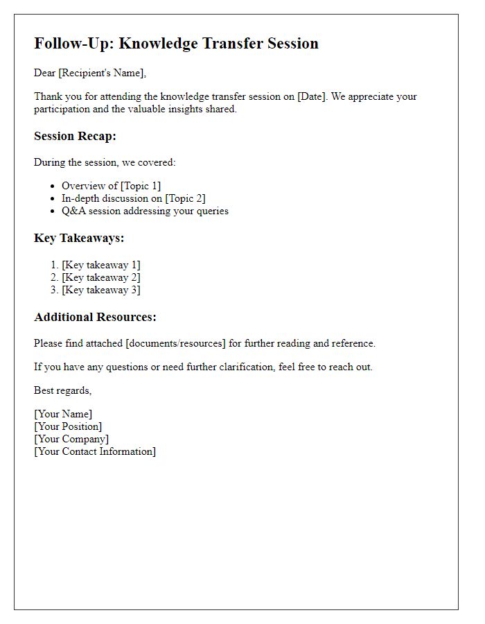 Letter template of knowledge transfer session follow-up information