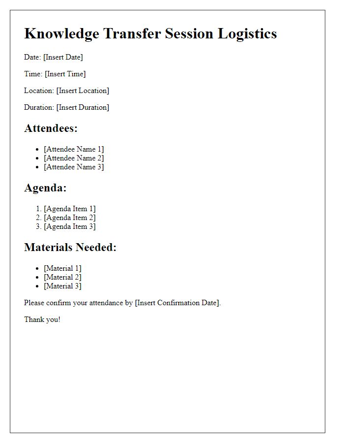 Letter template of knowledge transfer session logistics