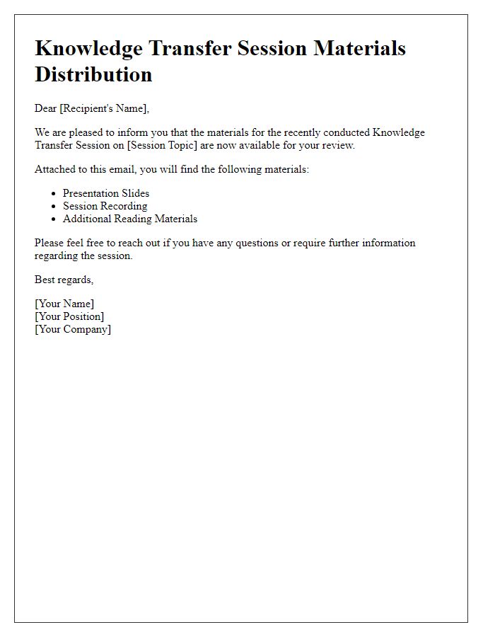 Letter template of knowledge transfer session materials distribution