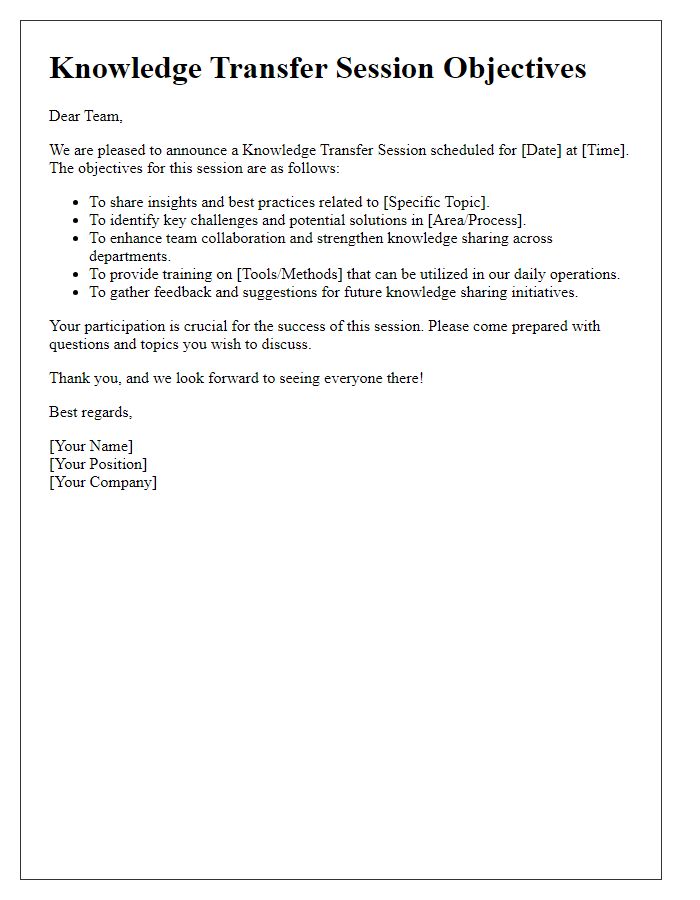 Letter template of knowledge transfer session objectives