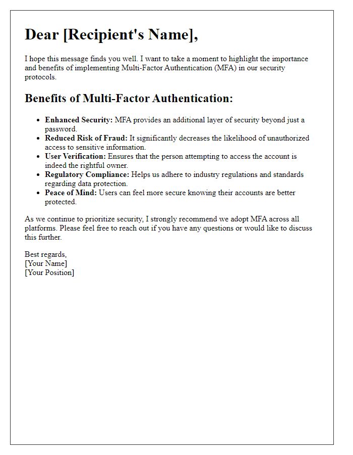 Letter template of multi-factor authentication benefits for security.