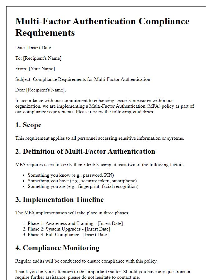 Letter template of multi-factor authentication compliance requirements.