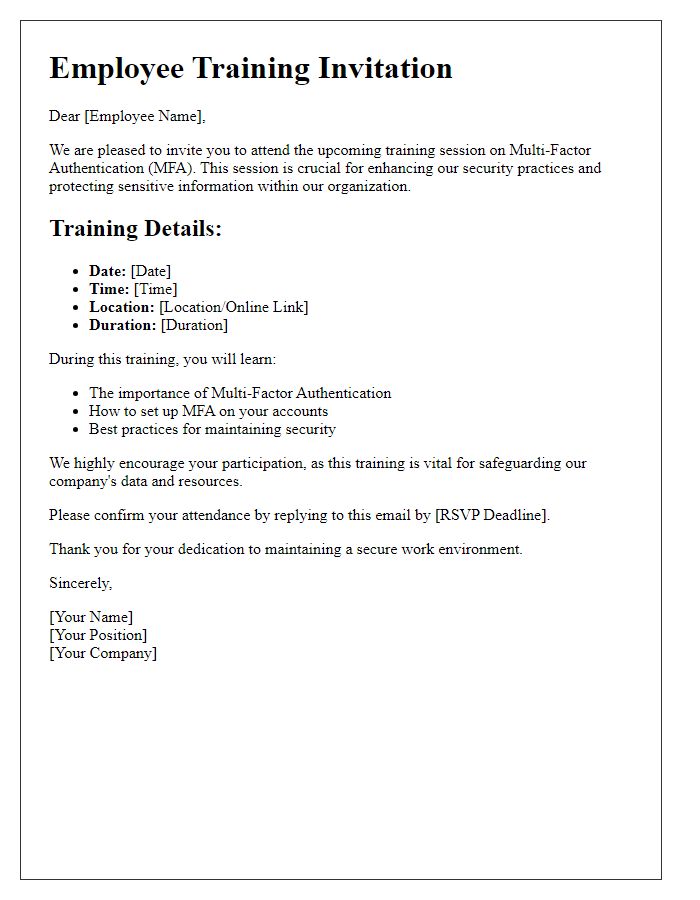 Letter template of multi-factor authentication employee training.