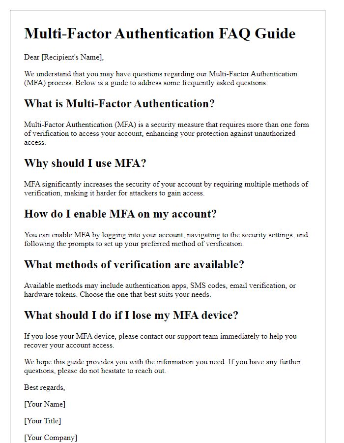 Letter template of multi-factor authentication FAQ guide.