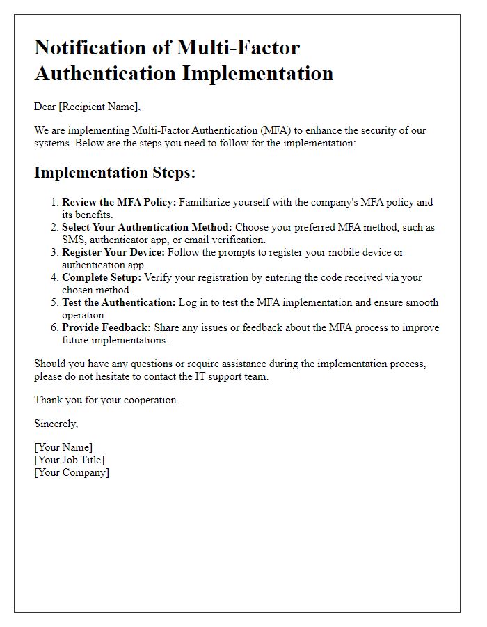 Letter template of multi-factor authentication implementation steps.