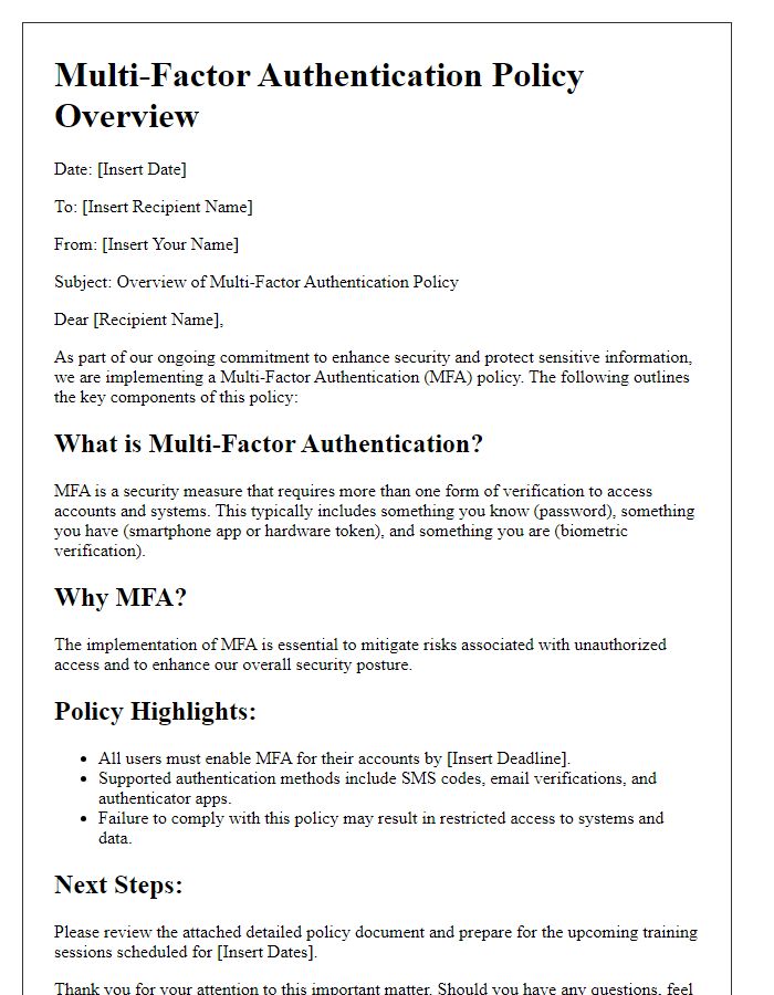 Letter template of multi-factor authentication policy overview.