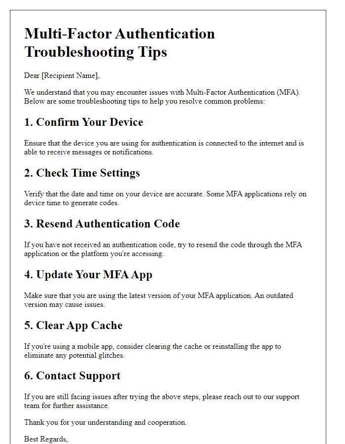 Letter template of multi-factor authentication troubleshooting tips.