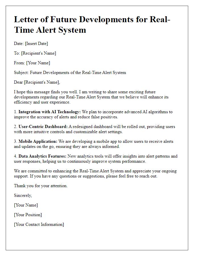 Letter template of real-time alert system future developments