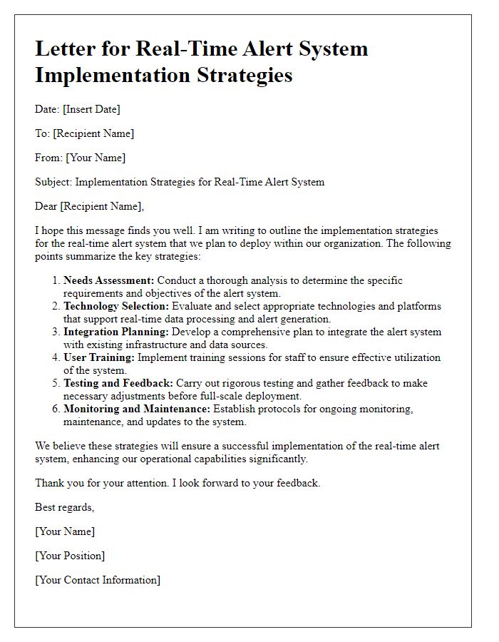 Letter template of real-time alert system implementation strategies