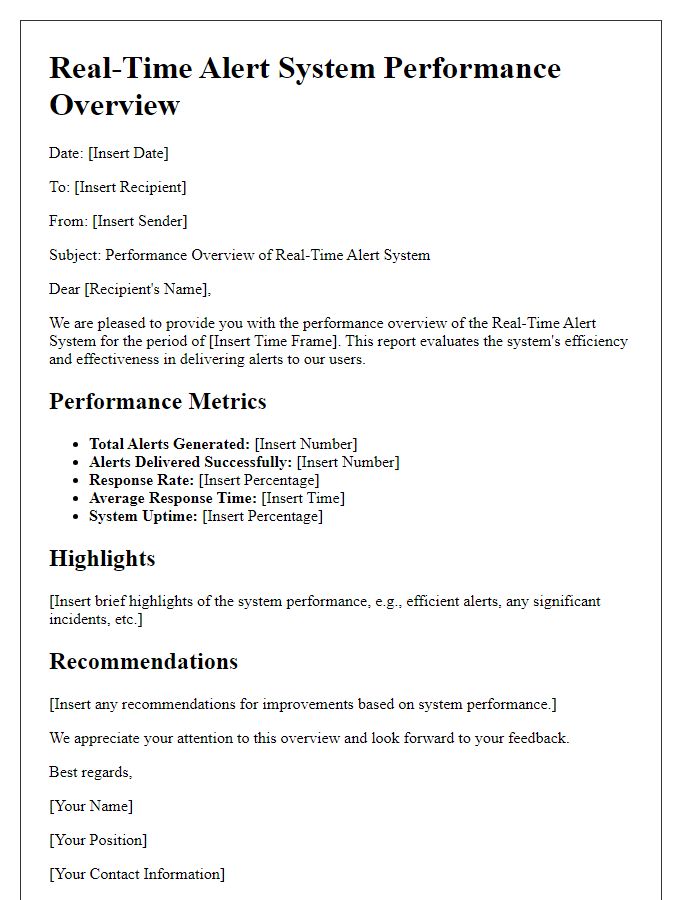 Letter template of real-time alert system performance overview