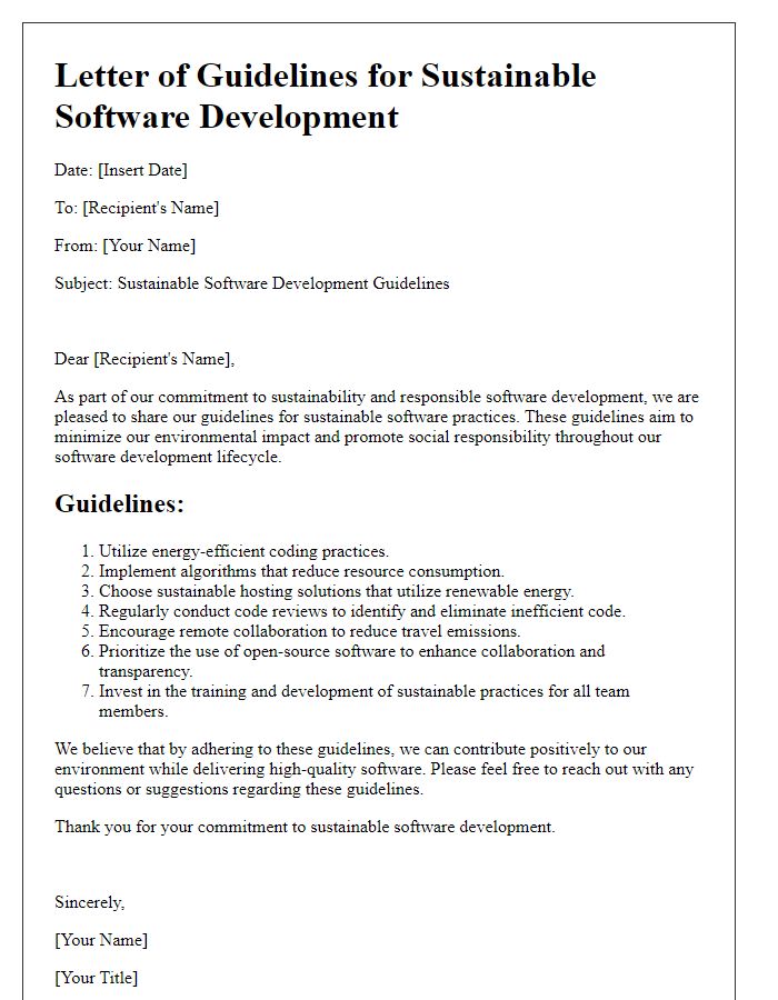 Letter template of sustainable software development guidelines