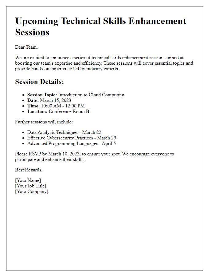 Letter template of announcement for upcoming technical skills enhancement sessions