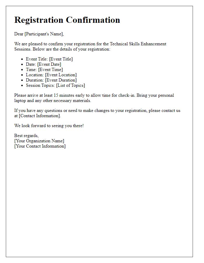 Letter template of registration confirmation for technical skills enhancement sessions